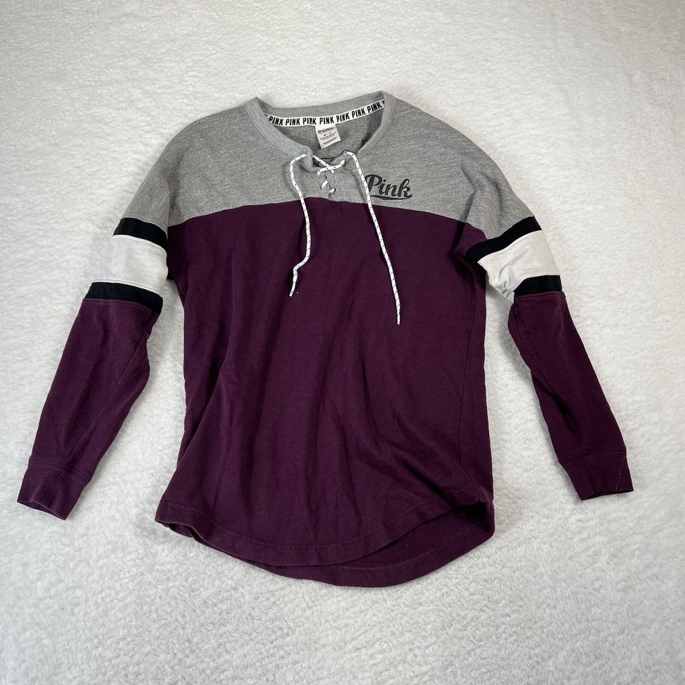 Victorias Secret PINK Sweatshirt Womens XS Maroon Grey Lace Up Varsity Spell Out